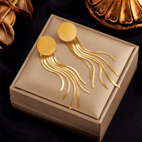 Pendientes de borla de acero inoxidable 316L color dorado para mujer
