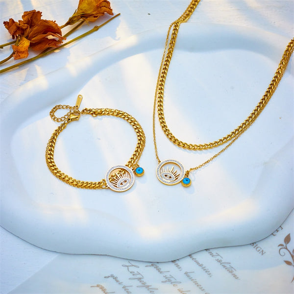 316L Stainless Steel Round Hollow Eye Charm Necklace Bracelets For Women