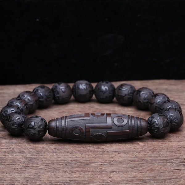 Amuleto tibetano de ébano natural con seis caracteres y nueve ojos, joyería de cuentas de 12 mm