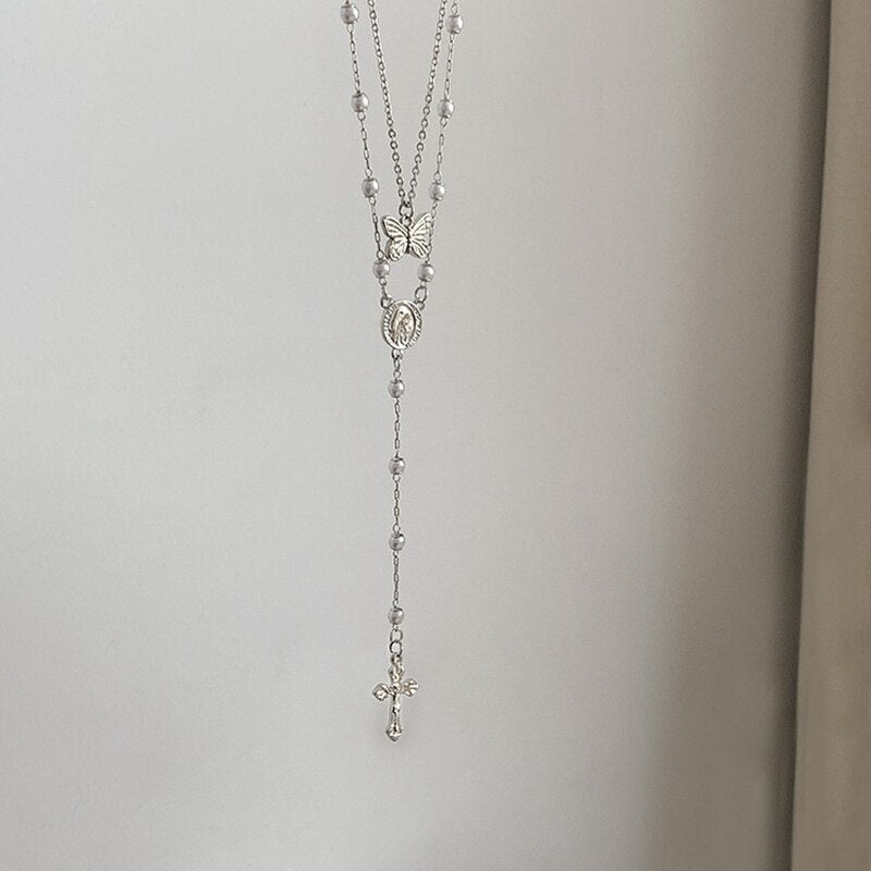Korean Elegant Pearl Cross Double Layers Necklace For Women