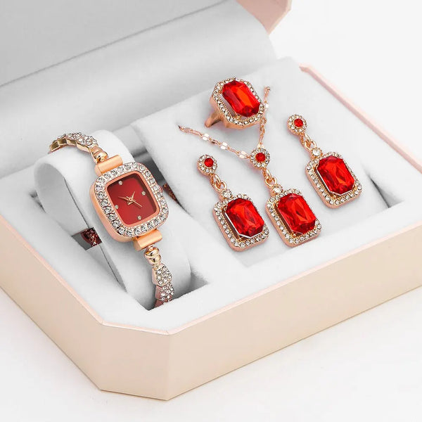 Conjunto de 5 piezas de reloj cuadrado de lujo para mujer, anillo, collar y pendientes