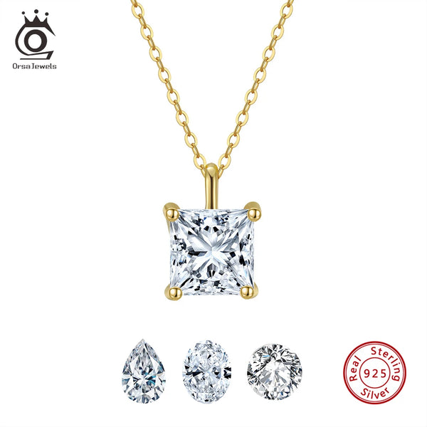 Classic Dainty 925 sterling Silver Princess Cut Solitaire Cubic Zirconia Pendant Necklace for Women
