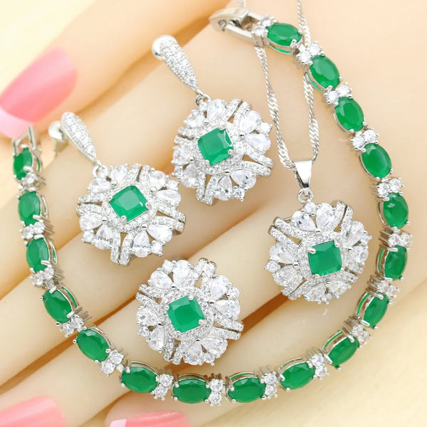 Green Stones Earrings Necklace Pendant Bracelet Open Ring Christmas Gift