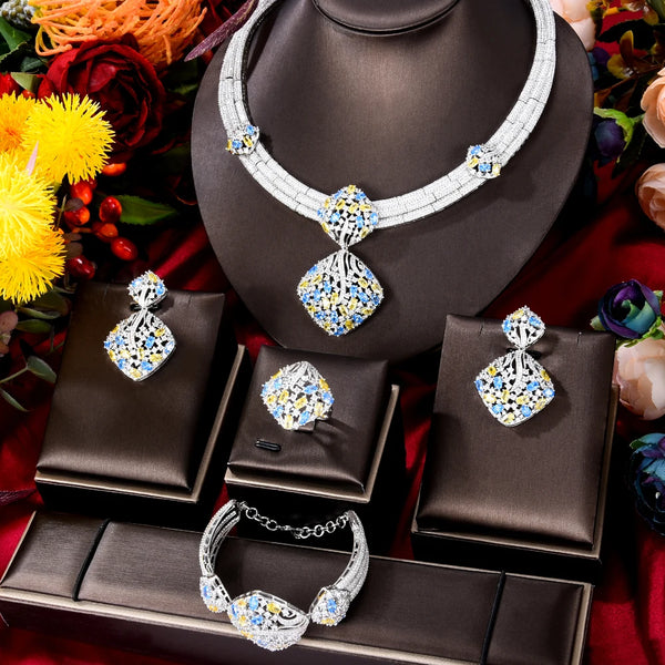 4 PCS Shiny Luxury Bangle Earrings Necklace Ring Jewelry Set Brides Wedding Jewellery