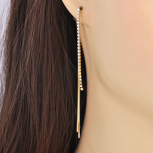 Pendientes largos de acero inoxidable con circonita cúbica y borlas para mujer
