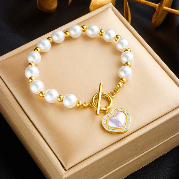 316L Stainless Steel Large Heart Pearl Charm Bracelet For Women