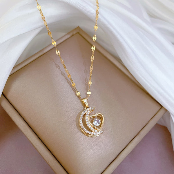 316L Stainless Steel Moon Heart Pendant Necklace For Women