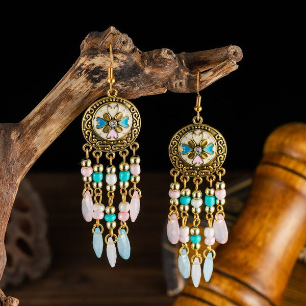 Pendientes colgantes de aceite redondos vintage bohemios para mujer