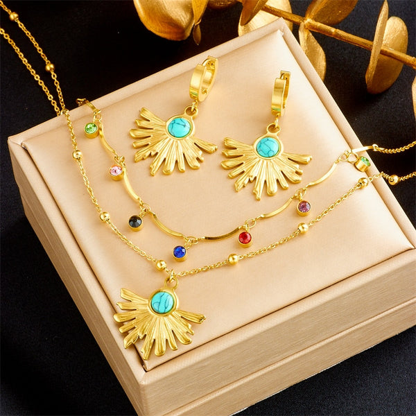 316L Stainless Steel Palm Leaf Green Stone Necklace Earrings For Women