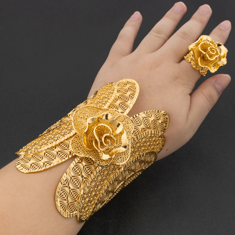 Arab Luxury Gold Plated Bracelet Ring Copper Large Bangle Jewelry Set for Women