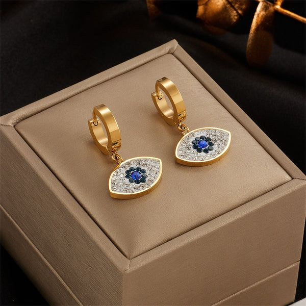 Pendientes de acero inoxidable 316 con forma de ojo de diamante azul para mujer