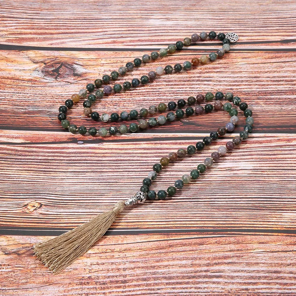 Collar Mala 108 anudado con cuentas de ágata india natural de 8 mm