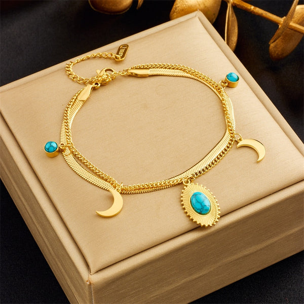 316L Stainless Steel Retro Oval Green Stone Moon Charm Bracelet For Women