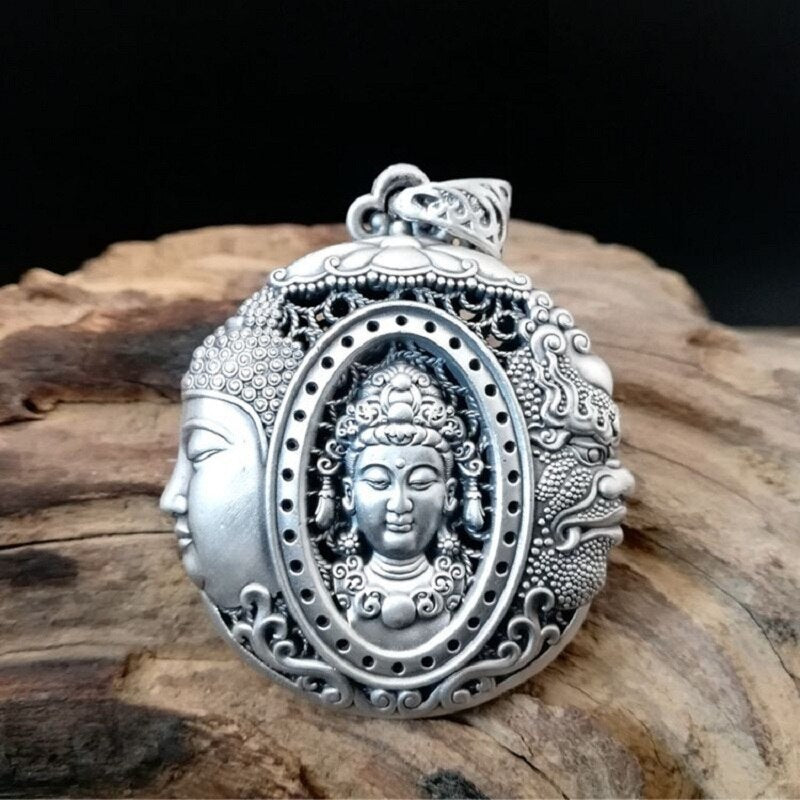 Real S925 Silver Carved Hollowed Three-faced Buddha Necklaces Pendant for Men Women
