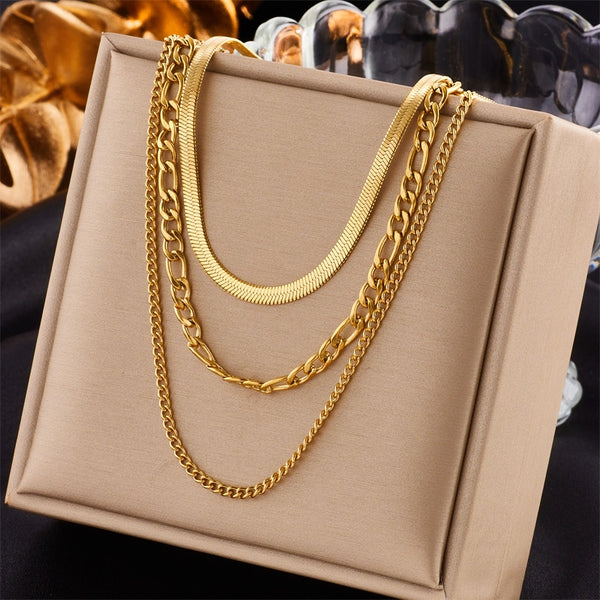 316L Stainless Steel Gold Color 3 Chains Necklace For Women
