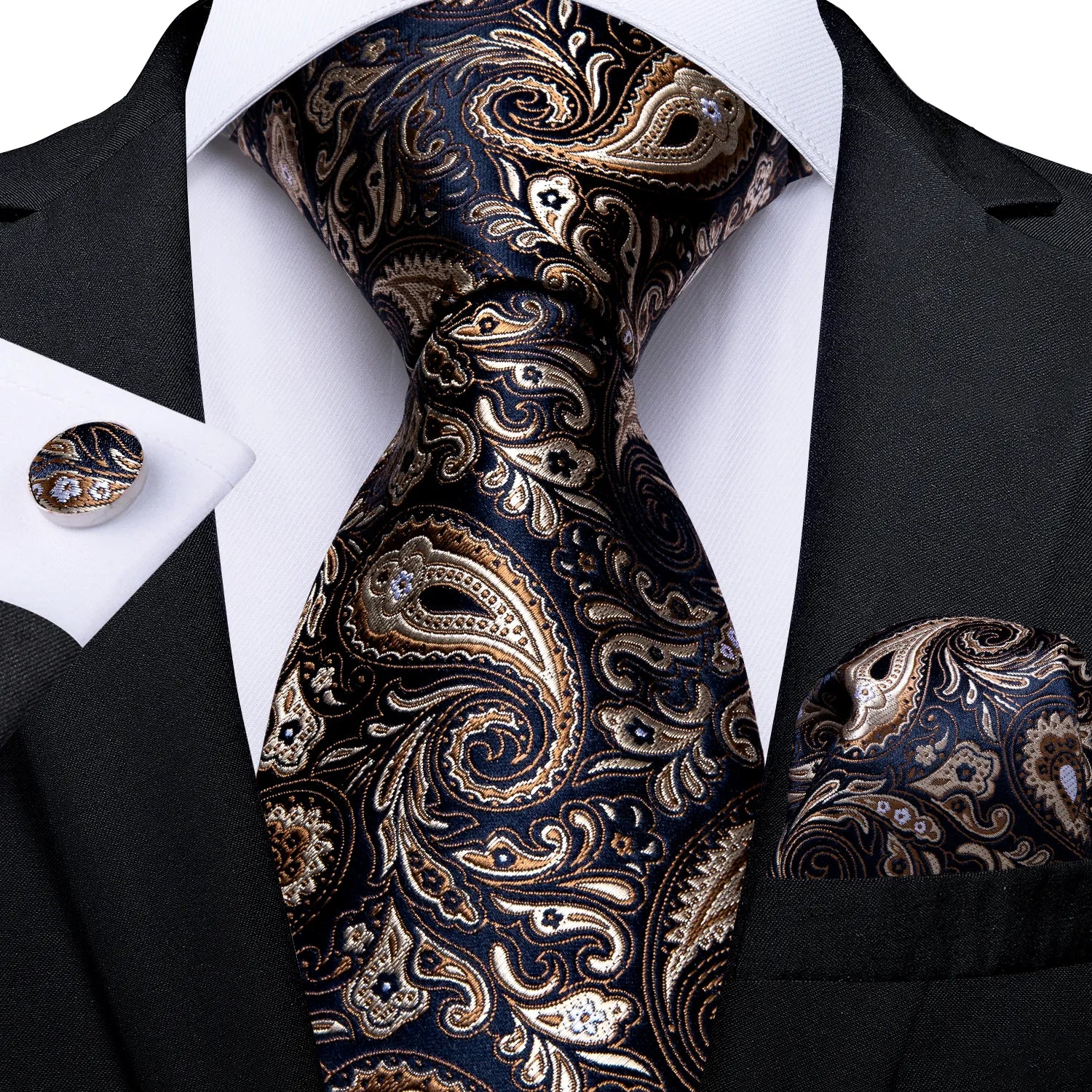 Men Tie Gold Blue Paisley Wedding Tie For Men Hanky Cufflinks Silk Men Tie Set