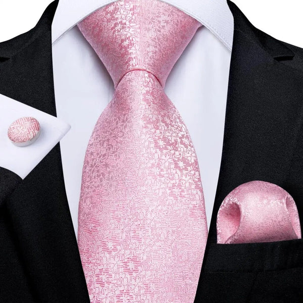 Corbata para hombre con estampado floral rosa, pañuelo y gemelos