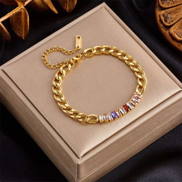 Pulsera de acero inoxidable 316L con circonitas cuadradas de colores para mujer
