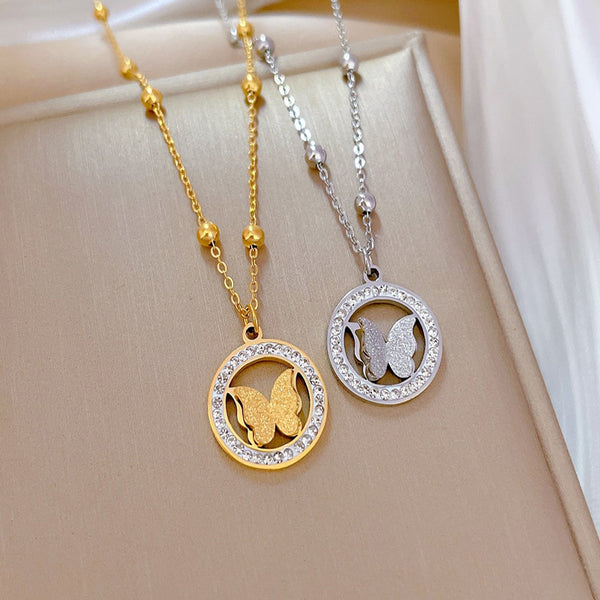 316L Stainless Steel Round Butterfly Pendant Necklace For Women
