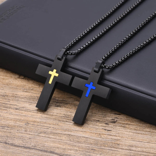 Mens Double Layer Cross Necklaces, Waterproof Stainless Steel Religious Pendant