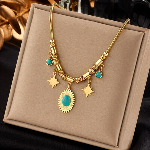 316L Stainless Steel Oval Green Stone Star Pendant Necklace For Women