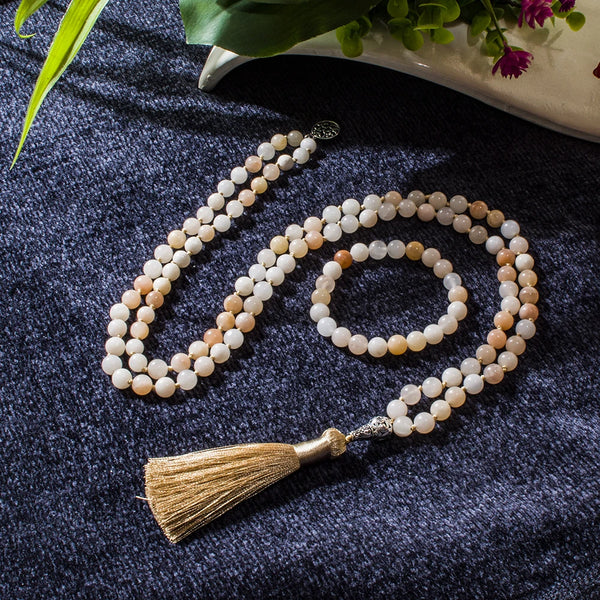 Collar mala 108 anudado con cuentas de aventurina rosa de 8 mm para meditación, yoga, oración, conjunto de japamala