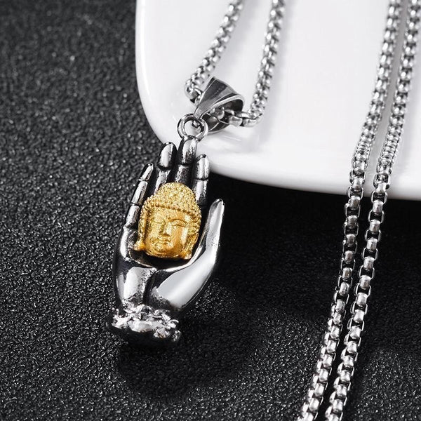1 collar vintage con colgante de Buda y palma para hombre