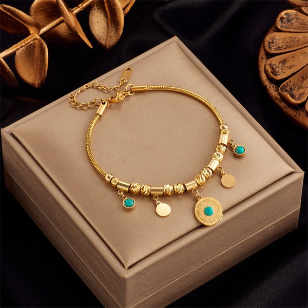 Pulsera de acero inoxidable 316L con dije de piedra verde redonda para mujer