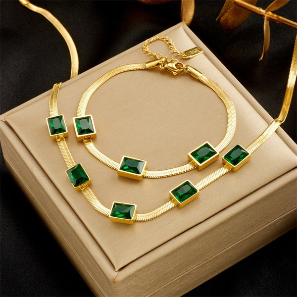 316L Stainless Steel Square Luxury Green Crystal Necklace Bracelets For Women
