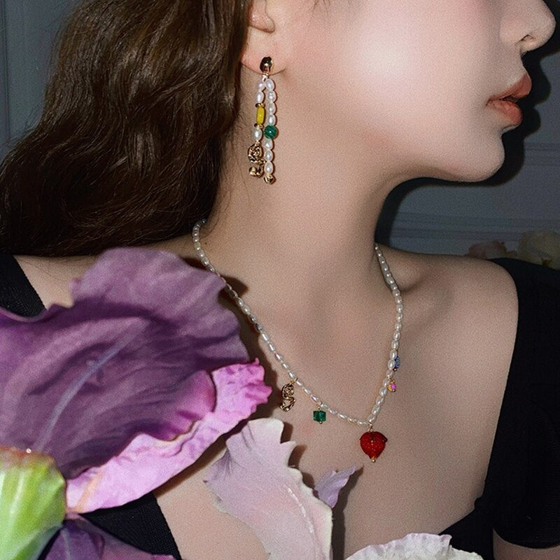 Korean Trendy Coloured Glaze Flower Strawberry Necklace For Women