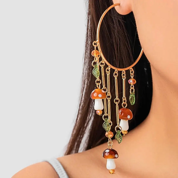 Pendientes largos con borlas y colgante de cristal de hongo colorido bohemio para mujer