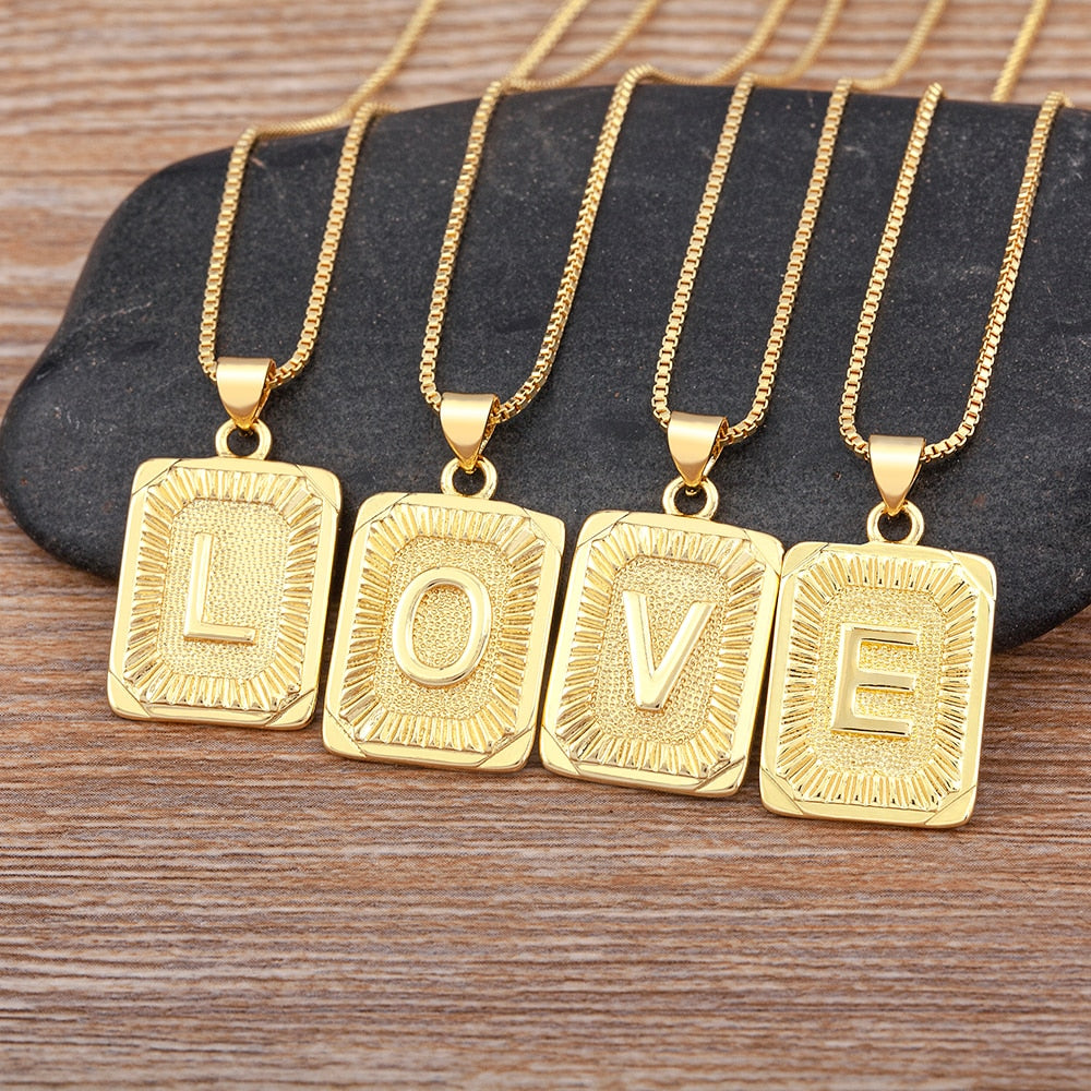 Light Luxury Design Geometric Inlay A-Z Letter Pendant Gold Plated Necklace