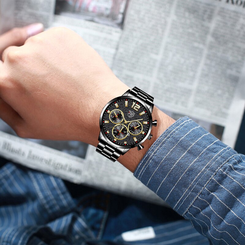 Fashion Mens Watches Luxury Silver Stainless Steel Quartz Wristwatch