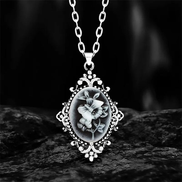 Vintage Butterfly Cameo Necklace For Women Antique Silver Plated Plant Cameo Pendant