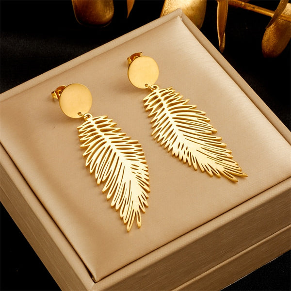 316L Stainless Steel Gold Color Feather Drop Earrings For Women