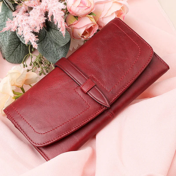 Cartera clásica de piel auténtica para mujer, larga, con cremallera, monedero, bloqueo RFID, tarjetero