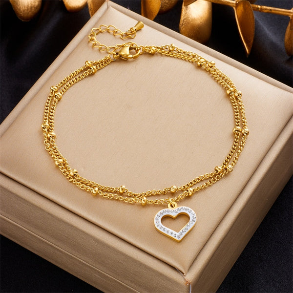 316L Stainless Steel Multilayer Heart Love Charm Anklets For Women