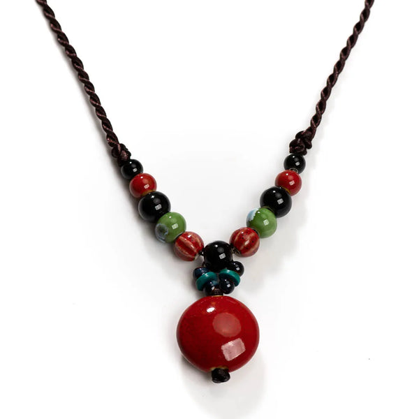 Traditional Chinese Ethnic Style Short Ceramic Necklace with Pendant for Women