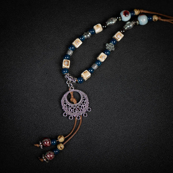Handmade Vintage Boho Ceramic Necklace Ethnic Style Chinese Pendant Unique Women's
