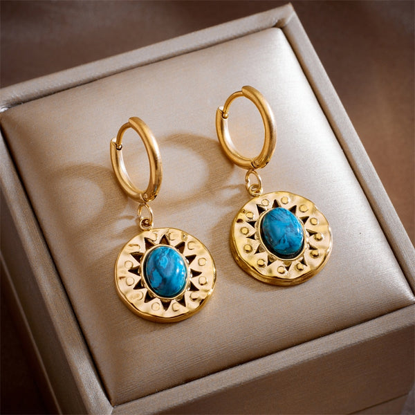 316L Stainless Steel Round Sun Blue Stone Hoop Earrings For Women