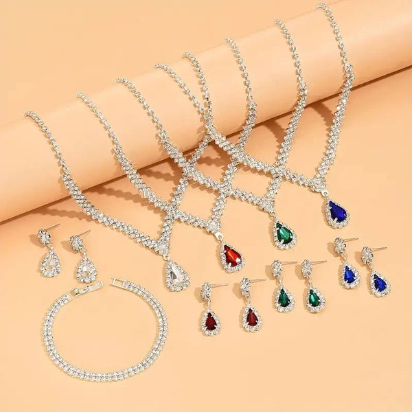3pcs Set Red Water Dop Stone Necklace Earrings Bracelet