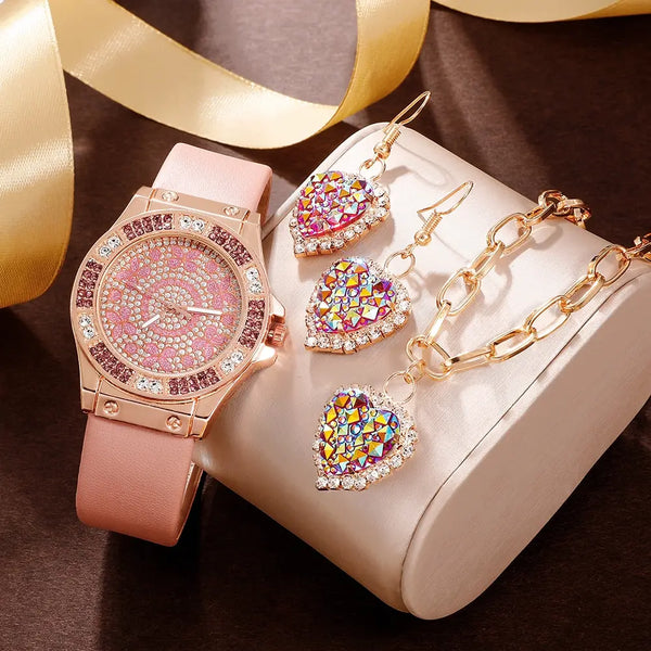 Conjunto de 4 piezas de reloj de lujo de color para mujer, collar, pendientes, reloj de pulsera de cuarzo con diamantes de imitación