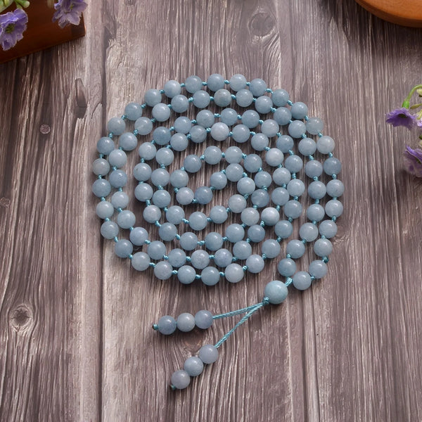 Collar mala 108 con nudo de cuentas de aguamarina de 8 mm para meditación, yoga, oración, japamala, joyería, rosario