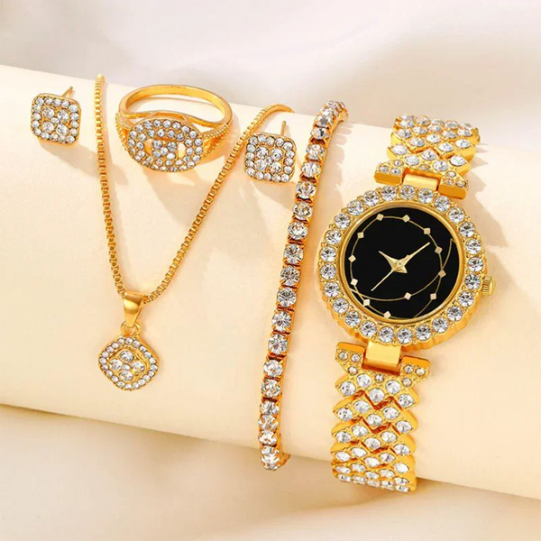 Conjunto de 5 piezas de reloj de cuarzo informal para mujer, collar, anillo, pendientes y reloj.