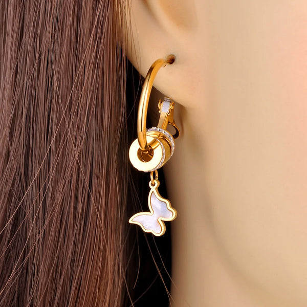Pendientes de aro con dije de mariposa, corazón y estrella de cristal blanco para mujer