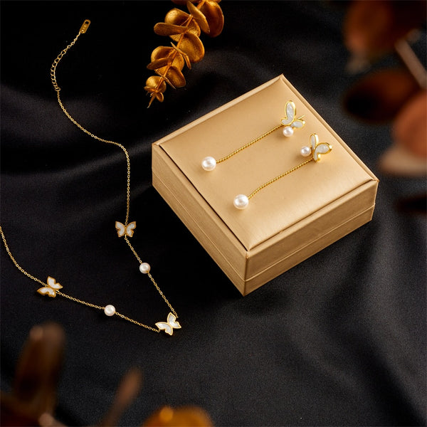 316L Stainless Steel Butterfly Pearl Pendant Necklace Earrings Jewelry Set For Women