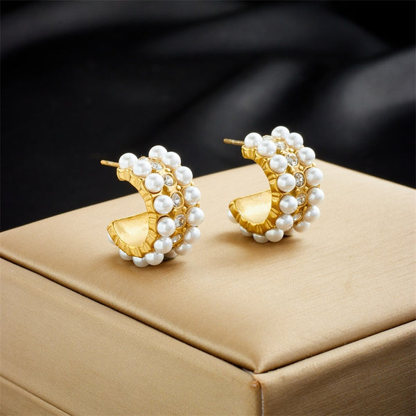 316L Stainless Steel Pearl Zircon C-Shape Stud Earrings For Women