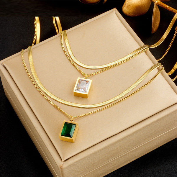 316L Stainless Steel Luxury Square Green White Crystal Pendant Necklace For Women