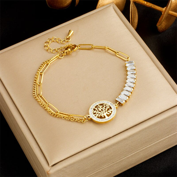 Pulsera de acero inoxidable 316L con dije de árbol redondo dorado para mujer