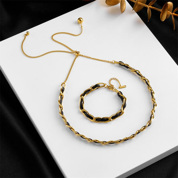 316L Stainless Steel Gold Color Leather Chain Necklace Bracelets For Women